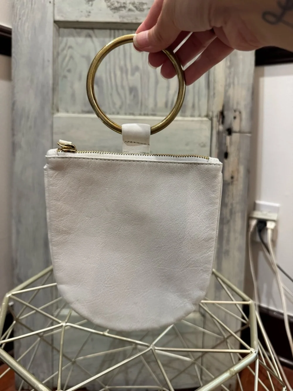 Otaat Myers Collective White Leather Designer Wristlet Gold-Tone Bracelet Handle